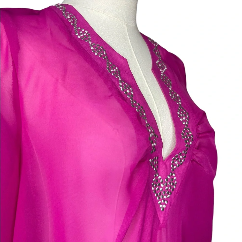 ~ CATALINA Women M 8/10Tunic Beaded Swimwear‎ Cover-up Pink Deep V Neck Bell